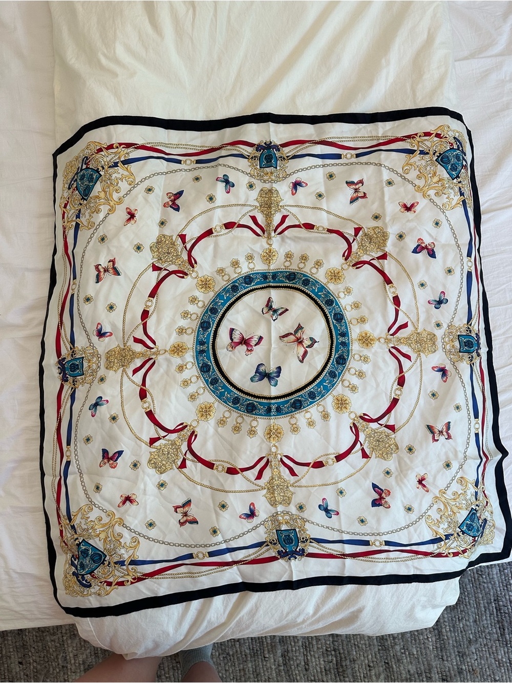 Vintage White Silky Scarf with Red, Blue, Gold and Black Accents